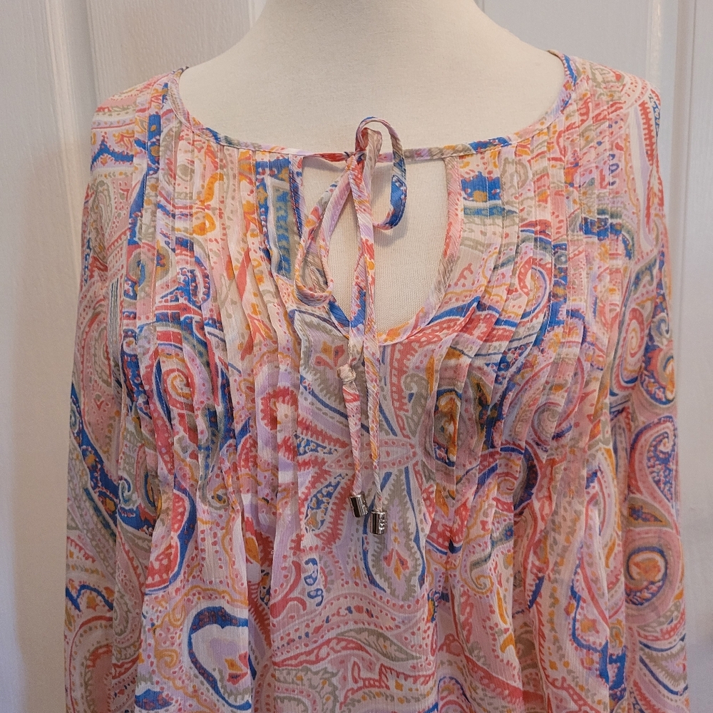 Tommy Hilfiger Blouse Popover Top Semi Sheer Beachy Boho Pink Paisley Geometric